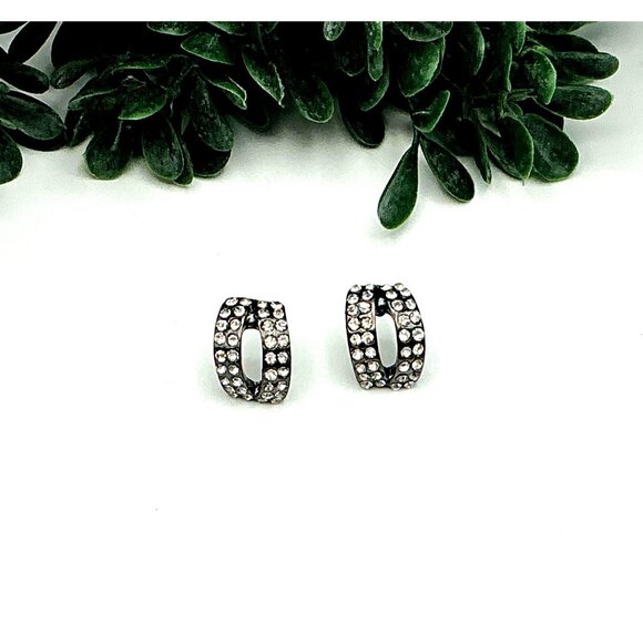 Vintage Crystal Pave Curved Half Hoop Stud Earrings Silver Tone - Picture 1 of 4